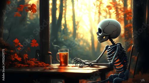Autumnal Skeleton Tea Illus...