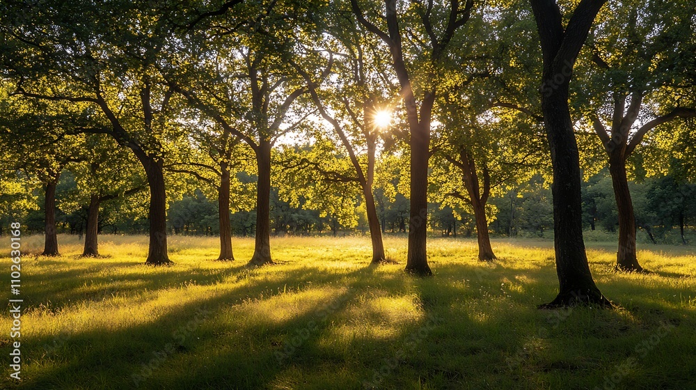 Sunset in the forest. Golden hour light through trees. Sunset in the forest. Golden hour light through trees.