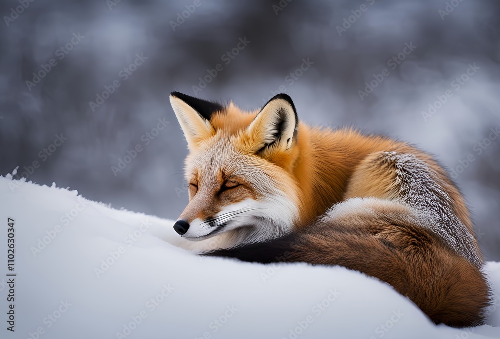 Obraz premium fox curled up in snow for warmth during winter