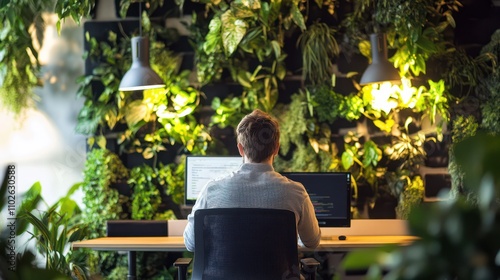 A tech-savvy developer working in a modern setup, surrounded by a vibrant green backdrop for innovation