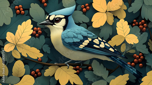 Blue Jay Bird Illustration Amidst Autumn Leaves photo