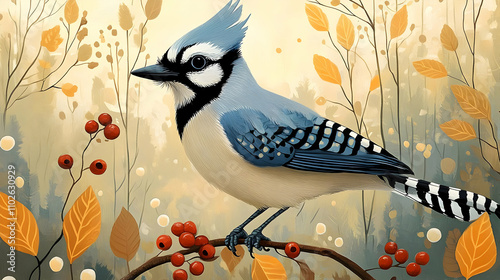 Autumn Blue Jay Illustration