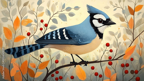 Autumn Blue Jay Illustration