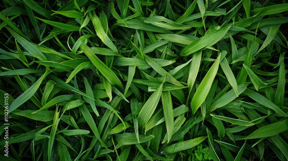 A clear, top-down view of lush, green grass, with blades visible in detail A clear, top-down view of lush, green grass, with blades visible in detail
