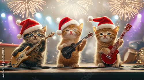 Three adorable kittens, dressed in Santa hats, strum guitars on a stage filled with colorful lights and fireworks in the background photo