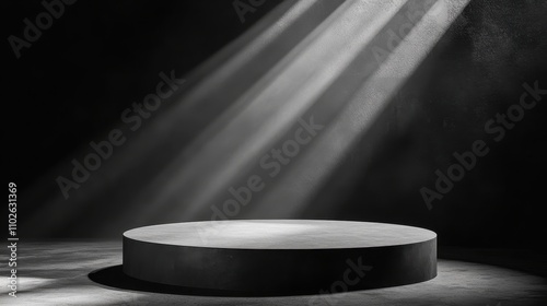 Dark Studio Stage With Circular Pedestal And Light Rays