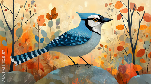 Autumn Blue Jay Illustration