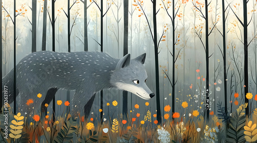 Gray Wolf in Misty Forest I...