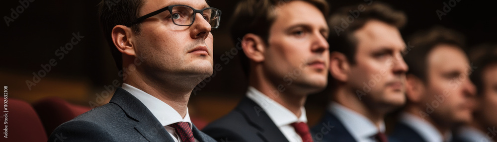 A group of well-dressed men sitting attentively, showcasing professionalism and focus in a formal setting. A group of well-dressed men sitting attentively, showcasing professionalism and focus in a formal setting.