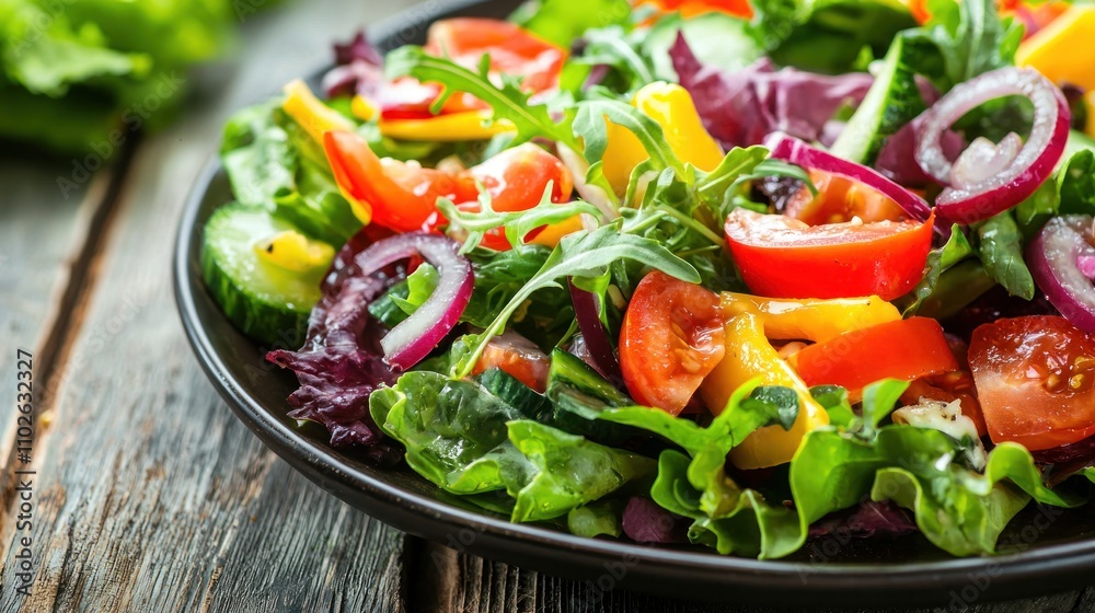 A close-up of a fresh salad with vibrant vegetables and a light dressing, served on a rustic table. A close-up of a fresh salad with vibrant vegetables and a light dressing, served on a rustic table.