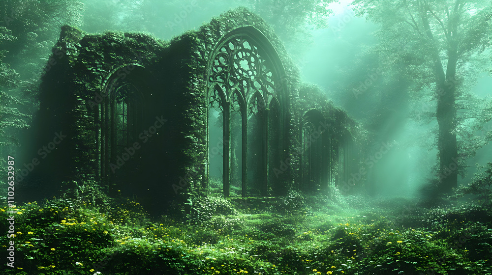 Enchanted Forest Ruins: A Green Mystical Illustration