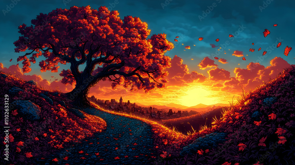 Autumn Sunset Illustration: Tree, Path, Village Autumn Sunset Illustration: Tree, Path, Village