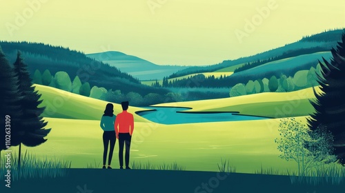 A traveling couple enjoying scenic views, with a bold green background symbolizing romance photo