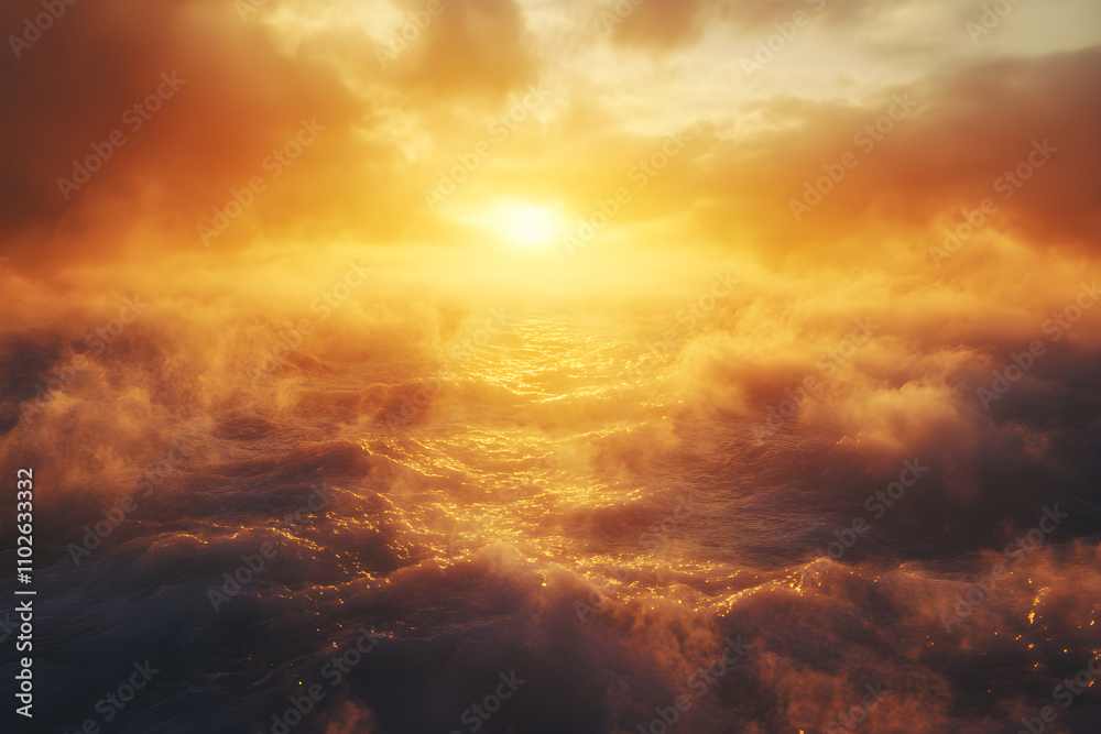 Obraz premium Ethereal Horizon: Glimmering Gold Dusk with Misty Ambiance