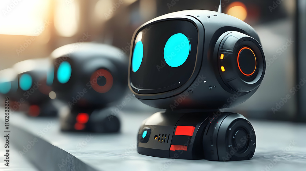 Futuristic Robot Illustration: A Row of Cute Bots Futuristic Robot Illustration: A Row of Cute Bots