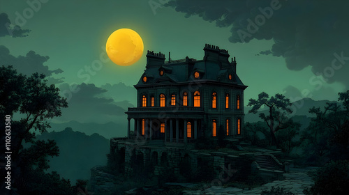 Night Mansion Illustration,...