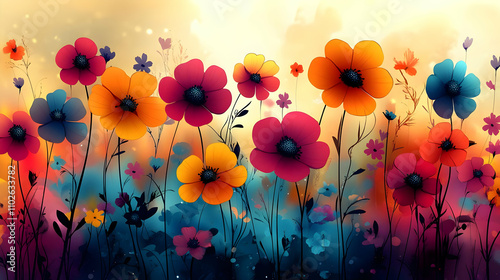 Vibrant Flower Field Illust...
