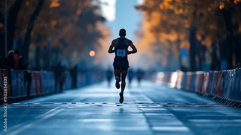 Lone Marathon Runner in Autumnal Setting, Viewed from Behind