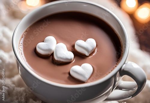 steaming mug of hot chocolate with marshmallows in a cozy winter scene photo