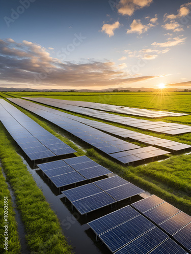 Sunset reflecting on waterlogged solar panels in rural landscape photo