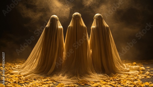 Three figures wearing golden veils and crowns stand on fallen leaves photo