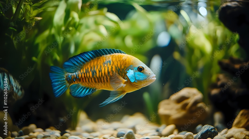 Vibrant Tropical Fish Swimming Gracefully Among Aquatic Plants and Rocks in an Underwater Aquarium Environment with Clear Water