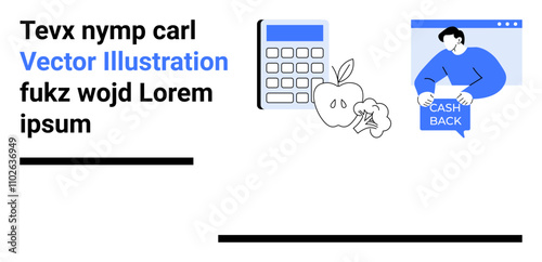 Conceptual setup of a blue calculator, apple, and person holding a cashback sign. Ideal for financial education, budgeting tools, healthy eating, cashback offers, online education, financial tips
