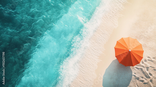 Beautiful beach with turquoise water and orange umbrellas, view from above, summer vacation concept banner background