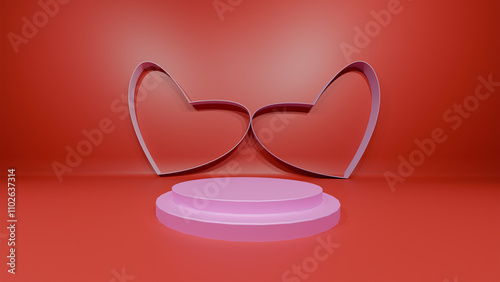 Happy valentine day stage stand showcase pink color exhibition step presentation red background wallpaper empty copy space blank love heart advertisement marketing sale product pedestal gift wedding 