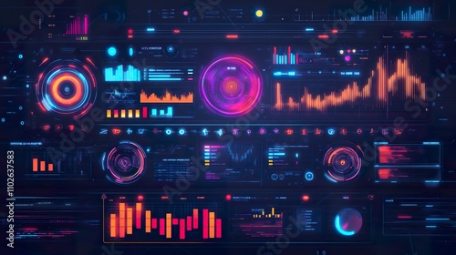 Futuristic digital dashboard with glowing graphs, charts, and data visualizations.