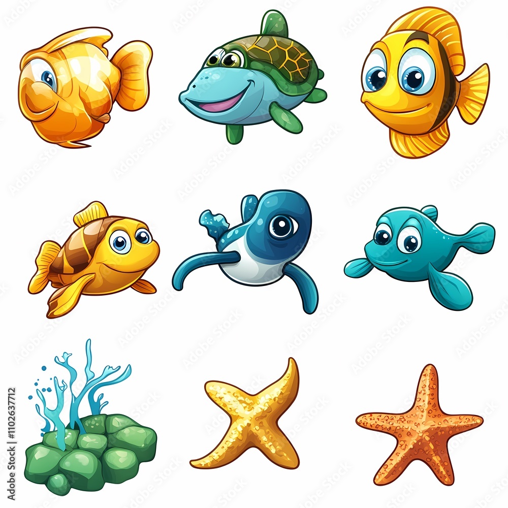 Fototapeta premium Colorful Cartoon Fish and Sea Creatures Collection Featuring Cute Turtle, Starfish, Coral, and Vibrant Fish for Underwater Themed Designs and Illustrations
