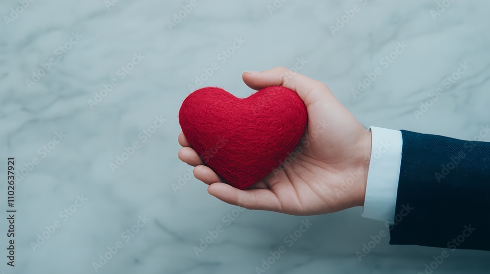 Fototapeta premium A touching moment captured with a minimalist dark backdrop, where a woman presents a glowing red heart to a man, both of them connected through the gesture of giving. The heart’s vibrant red 