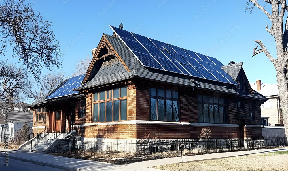 A house with solar panels on the roof, showcasing sustainable energy use. A house with solar panels on the roof, showcasing sustainable energy use.