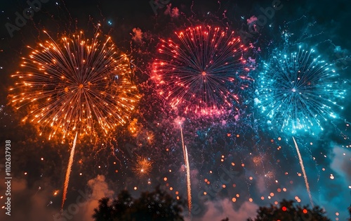 Three fireworks are lit up in the sky, creating a colorful