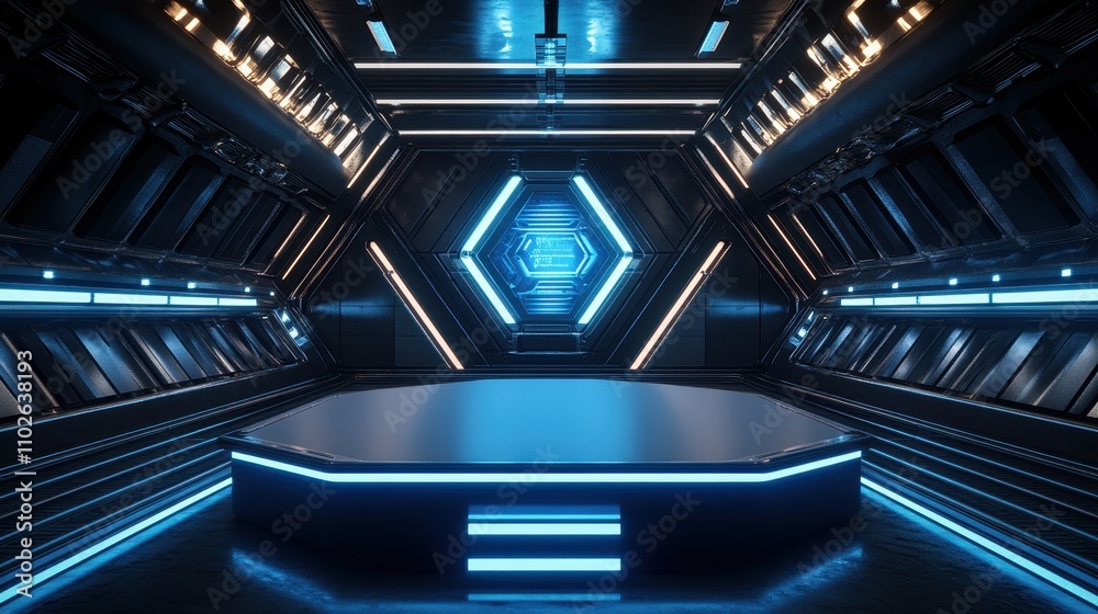 Obraz premium Futuristic Sci Fi Corridor with Illuminated Platform