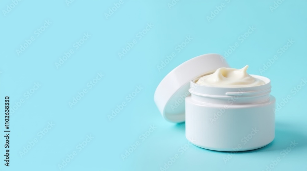 A simple white jar of face cream with the lid slightly open on a solid light blue background A simple white jar of face cream with the lid slightly open on a solid light blue background