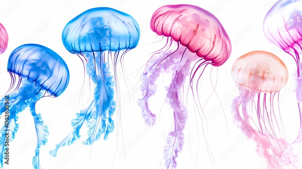 Graceful and Colorful Jellyfish Swimming in the Ocean, Displaying Vibrant Hues of Blue, Pink, and Purple in a Serene Aquatic Environment