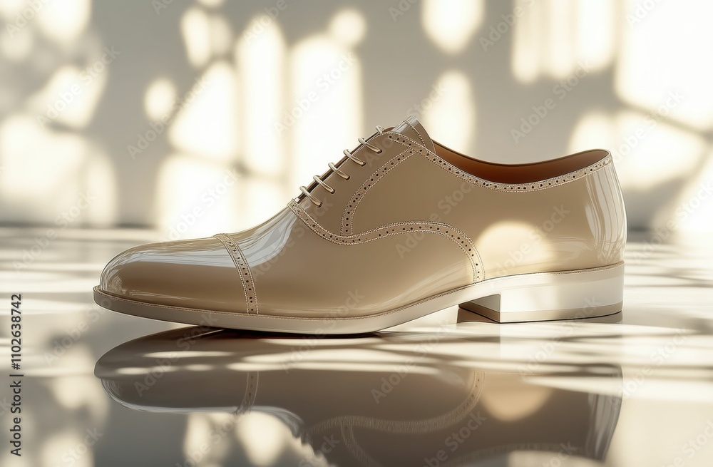 A formal brown leather brogue shoe with elegant perforations, displayed side on over a clean white surface to emphasize its classic appeal, isolated on clear white background. A formal brown leather brogue shoe with elegant perforations, displayed side on over a clean white surface to emphasize its classic appeal, isolated on clear white background.