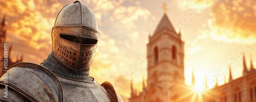 Knight in armor at sunset, historic architecture in the background. photo