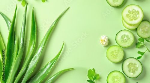 An arrangement of natural skincare ingredients like aloe vera leaves and cucumber slices on a pastel green background photo