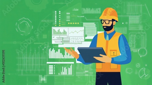 An industrial engineer analyzing data, set on a bold green background representing growth and expertise