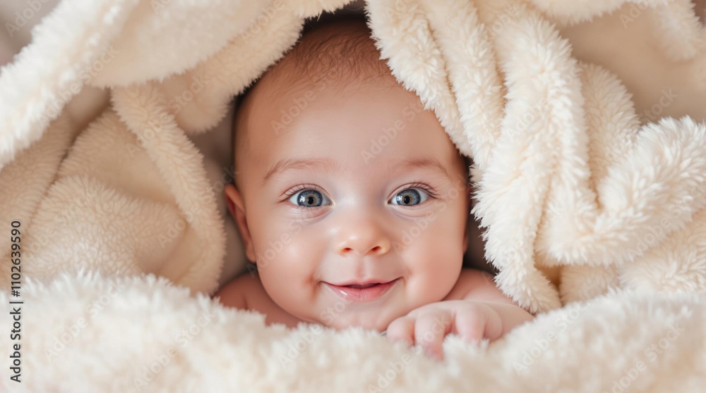 Baby under a cozy blanket smiling for camera Baby under a cozy blanket smiling for camera