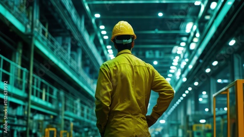 An industrial manager inspecting production lines, standing confidently on a vibrant green background symbolizing leadership