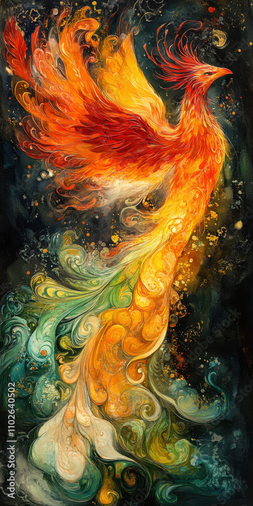 Japanese art style. A vibrant, swirling phoenix rises amid colorful flames and flowing patterns, symbolizing rebirth and transformation against a dark backdrop. Japanese art style. A vibrant, swirling phoenix rises amid colorful flames and flowing patterns, symbolizing rebirth and transformation against a dark backdrop.