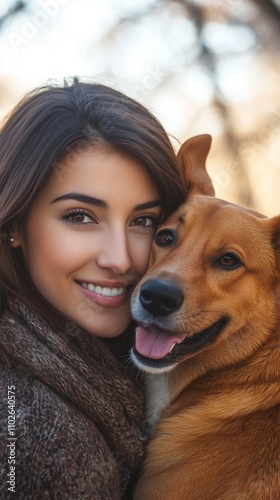 Heartwarming portrait of a smiling woman embracing her loyal canine companion, showcasing the unbreakable bond between humans and their pets in a soft, natural light.