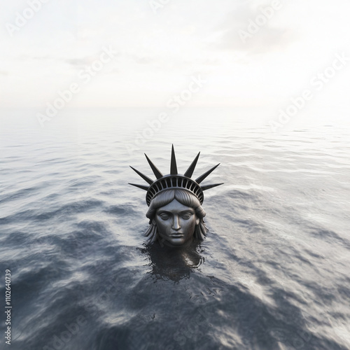 The Statue of Liberty submerged in the ocean water. Only the head of lady liberty is seen in a sea of rising water. A symbol of American democracy, debt, economy - drowning under water, up to her neck