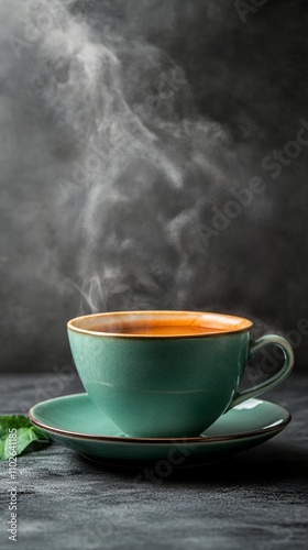 Steaming green ceramic cup filled with aromatic tea on dark background, wisps of vapor rising dramatically, creating an atmosphere of warmth and comfort.