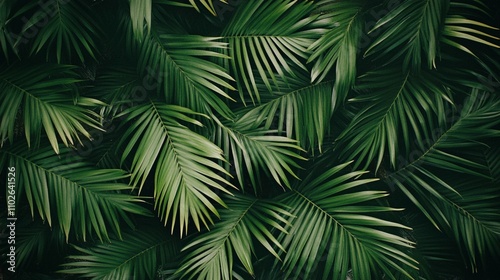 Lush tropical palm fronds create a dense, verdant canopy, their overlapping leaves forming intricate patterns of light and shadow in the jungle.