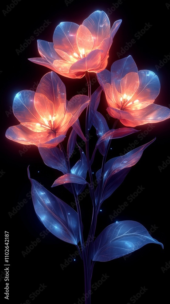 Glowing Neon Flowers Dark Background Digital