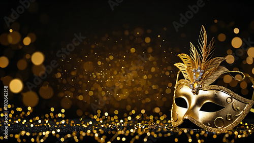 carnival mask with gold glitters and a black background